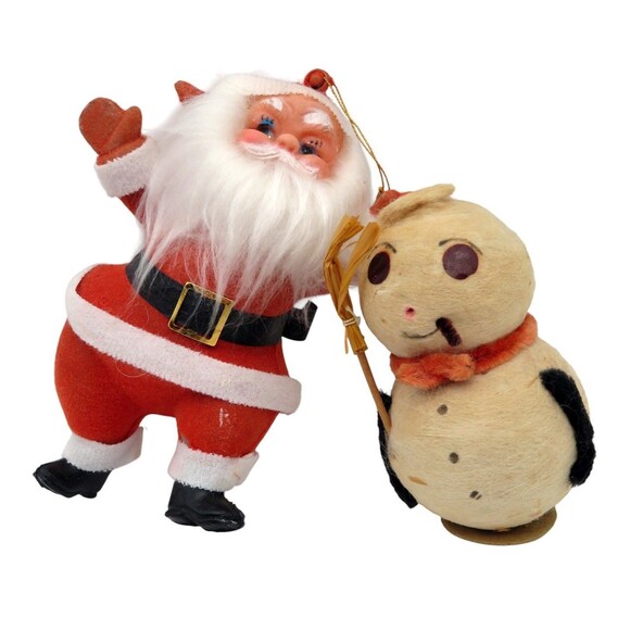 Vintage Spun Cotton Snowman Figurine 10c Tag and Flocked Dancing Santa Ornament - Picture 1 of 7